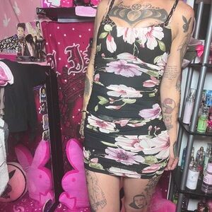 Black Pink Floral Mini Dress